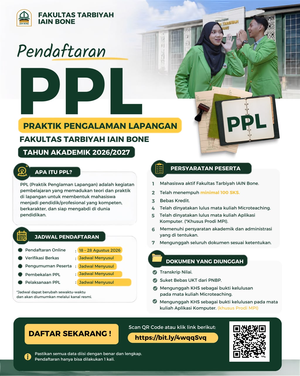 📢 PENDAFTARAN PPL FAKULTAS TARBIYAH IAIN BONE 📢